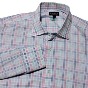 Peter Millar Shirt Mens Large Pink Blue Plaid Crown Crafted Flex Finish